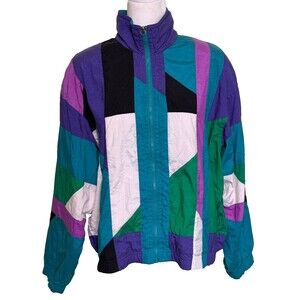 Women's 90s Colorblock Windbreaker Jacket Women’s Retro Nylon Track Jacket Sz Lg
